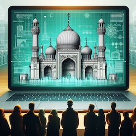 Audience facing computer screen, showing mosque (generated by CoPilot May 2024)