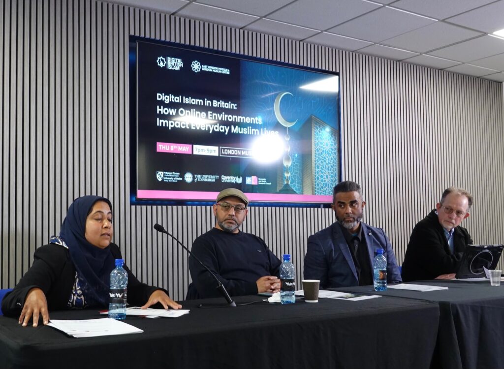 Digital British Islam, Prof Bunt, Prof Cheruvallil-Contractor, Dr Hamid at East London Mosque. May 2025. Photo: Yvonne Howard-Bunt