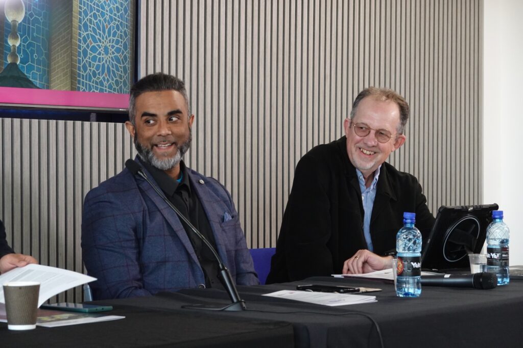 Digital British Islam, Prof Bunt, Dr Hamid at East London Mosque. May 2025. Photo: Yvonne Howard-Bunt