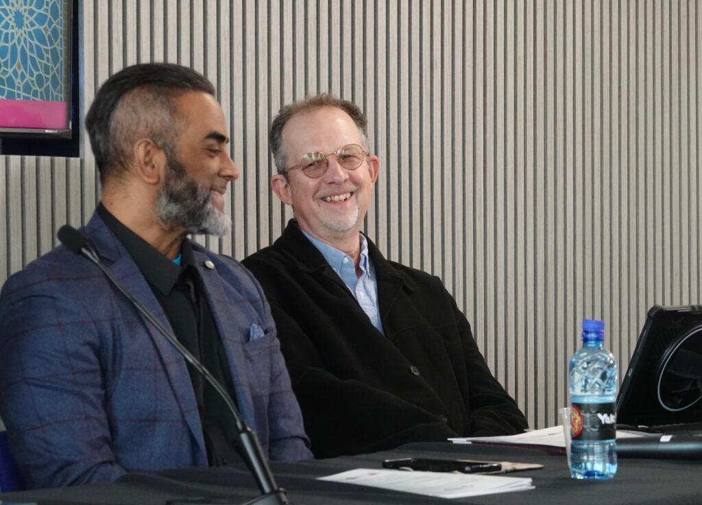 Digital British Islam, Prof Bunt, Dr Hamid at East London Mosque. May 2025. Photo: Yvonne Howard-Bunt
